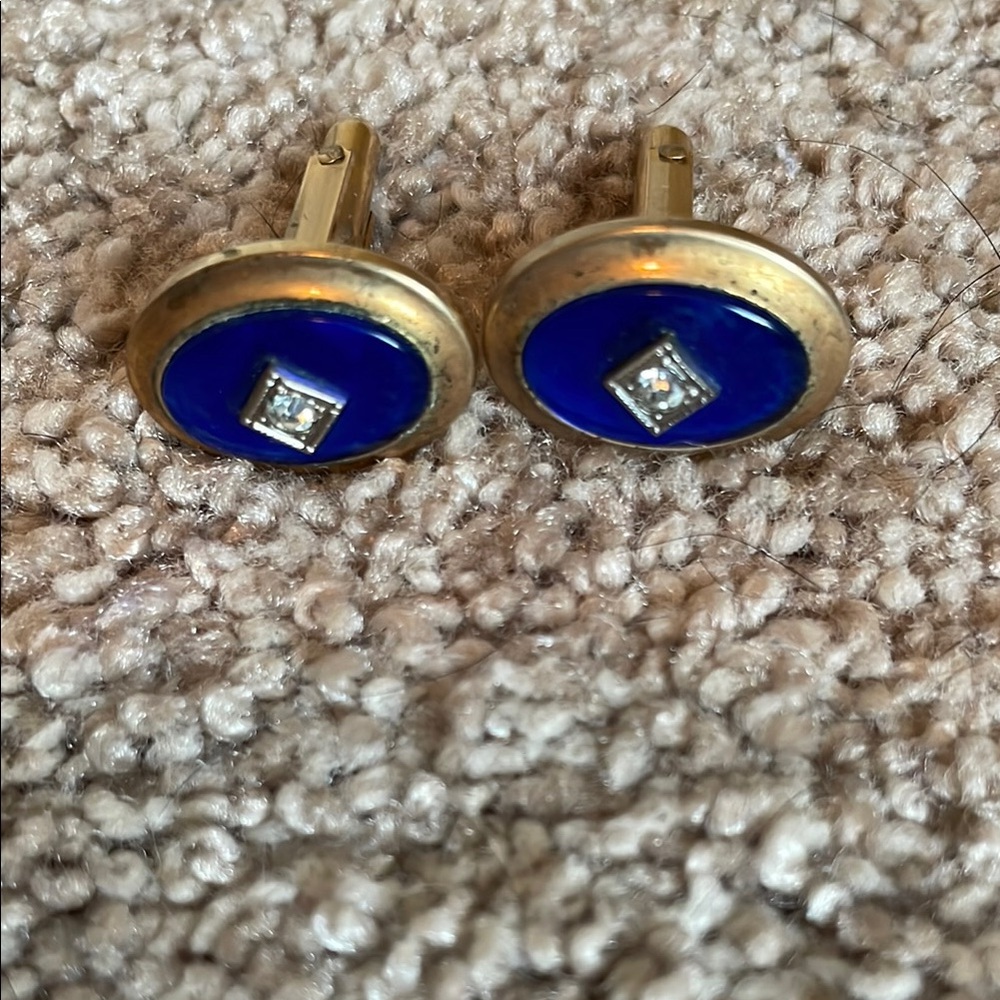 Correct brand vintage Gold and Blue Cufflinks with Diamond Accent